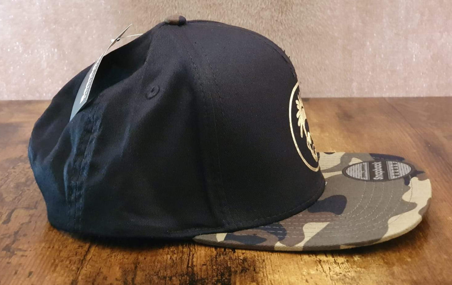 Asbo Records Gold On Black / Camo Snapback.