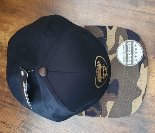 Asbo Records Gold On Black / Camo Snapback.